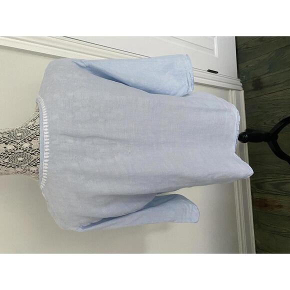 Saks fifth avenue light blue linen embroidered floral coastal 3/4 sleeve top M/L - Picture 5 of 5